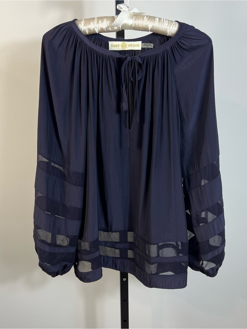 Ramy Brook Navy Blue Silk Draping Sheer Stripe Luxury Peasant Top Blouse S